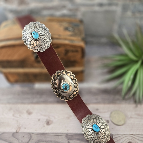 NEW ITEM NEW COLORS Leather Hat Band with Sterling Silver With Turquoise Accents - Picture 3 of 11